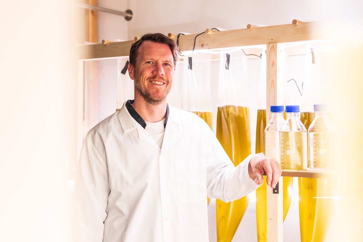 Stian Borg-Stoveland with microalgae cultivation in the lab